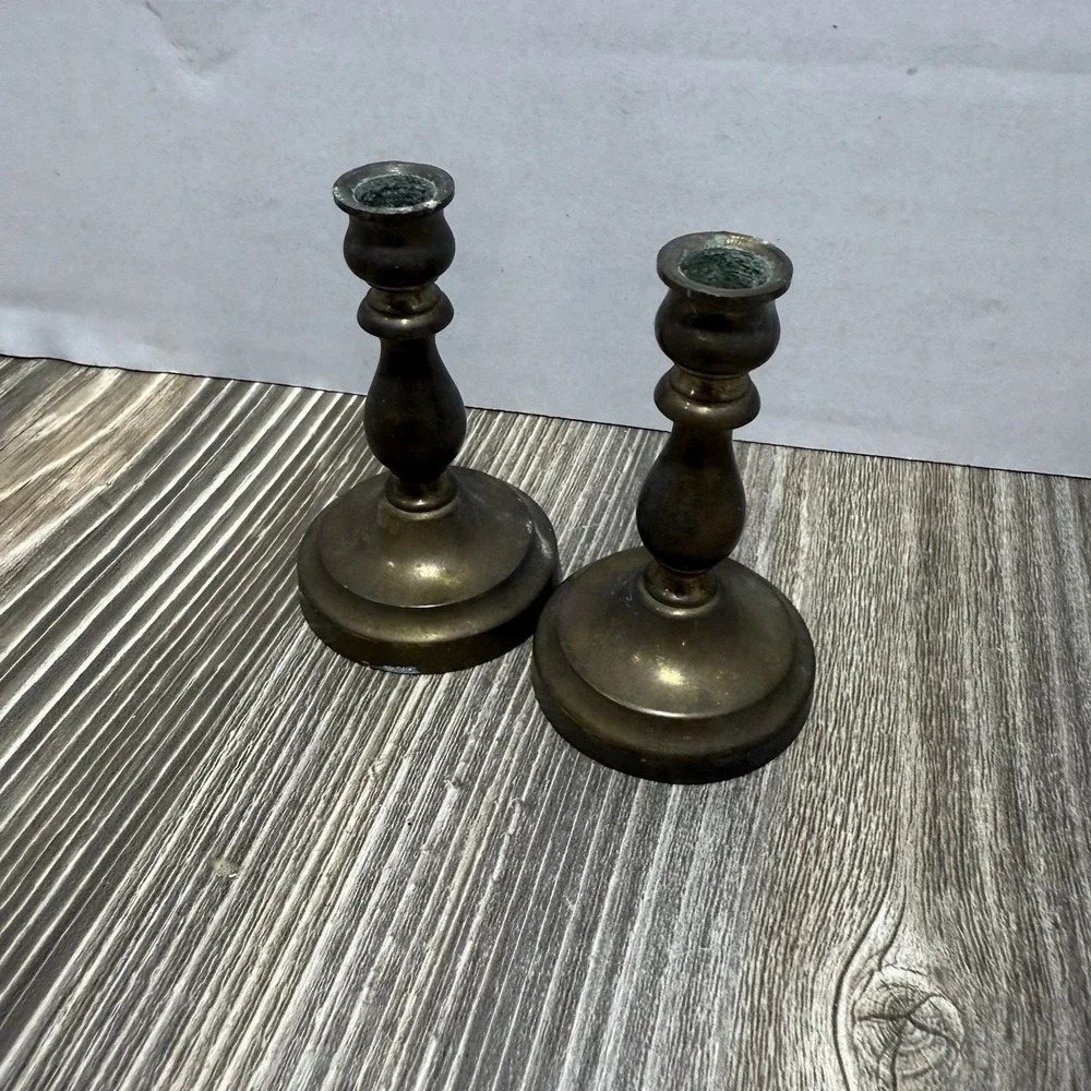 Vintage‎ dark patina brass miniature  Candlesticks pair